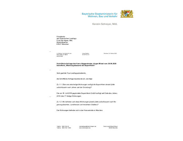 Schriftliche Anfrage " Wohnung bestand der BayernHeim"