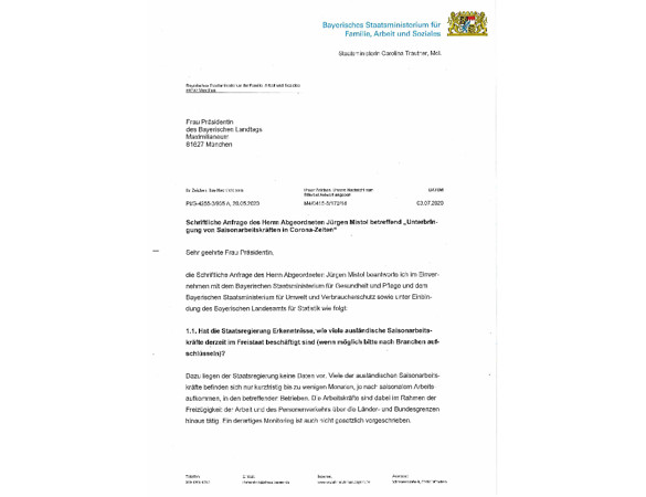 Schriftliche Anfrage Unterbringung von Saisonarbeitskräften in Corona-Zeiten"