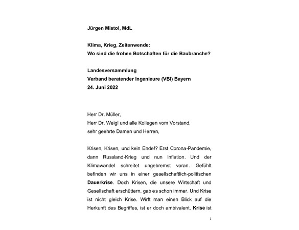 Rede "Klima, Krieg, Zeitenwende:  Wo sind die frohen Botschaften für die Baubranche?"