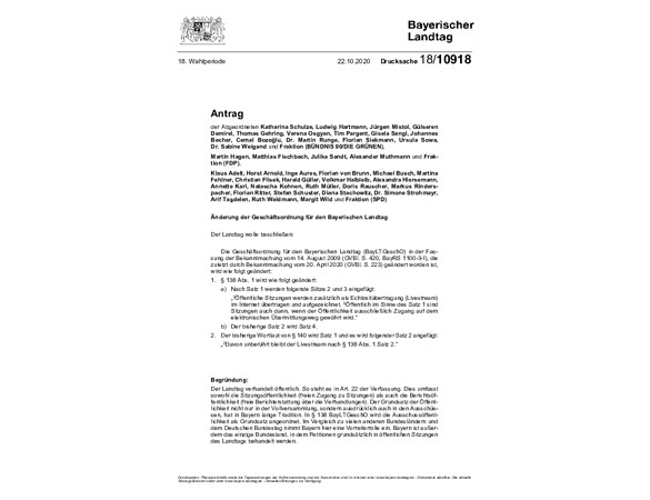 Antrag "Änderung der Geschäftsordnung für den Bayerischen Landtag"