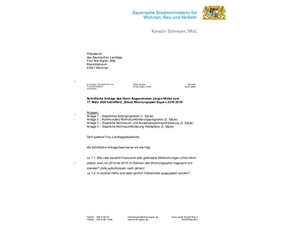 Schriftliche Anfrage  „Bilanz Wohnungspakt Bayern 2016-2019