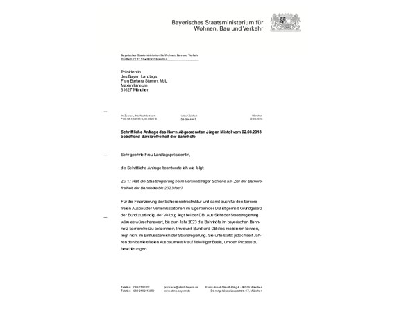 Schriftliche Anfrage "Barrierefreiheit der Bahnhöfe in der Oberpfalz"