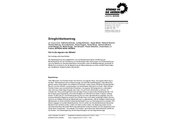 Grüner Dringlichkeitsantrag "Fair in die eigenen vier Wände!"