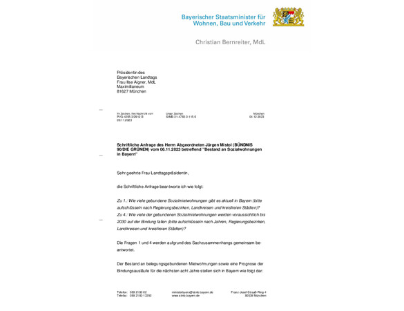 Schriftliche Anfrage des Herrn Abgeordneten Jürgen Mistol (BÜNDNIS 90/DIE GRÜNEN) vom 06.11.2023 betreffend "Bestand an Sozialwohnungen in Bayern"