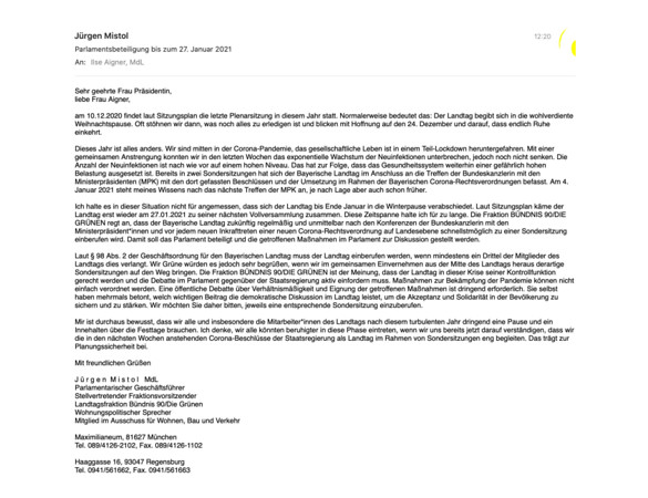 Mail an die Landtagspräsidentin Ilse Aigner