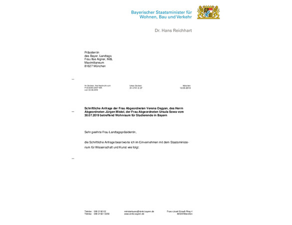 Schriftliche Anfrage betreffend Wohnraum für Studierende in Bayern
