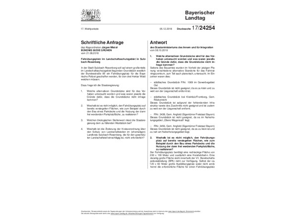 Schriftliche Anfrage zum Fahrübungsplatz im Landschaftsschutzgebiet in Sulzbach-Rosenberg