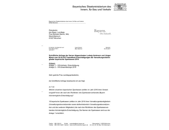 Schriftliche Anfrage "Entschädigungen der Verwaltungsratsmitglieder bayerischer Sparkassen 2016"