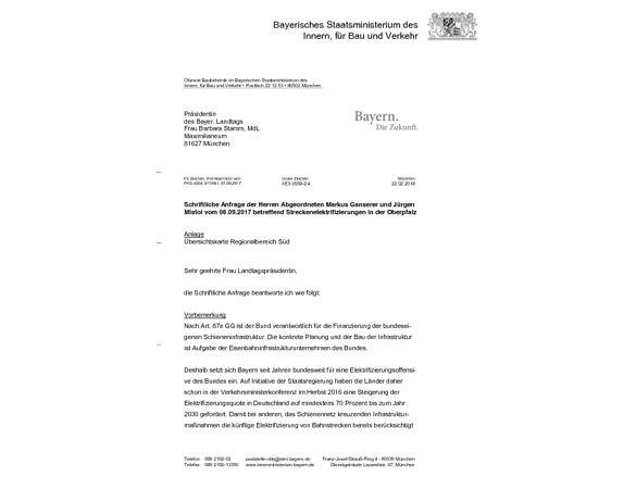 Schriftliche Anfrage von Markus Ganserer und Jürgen Mistol  betreffend Streckenelektrifizierungen in der Oberpfalz