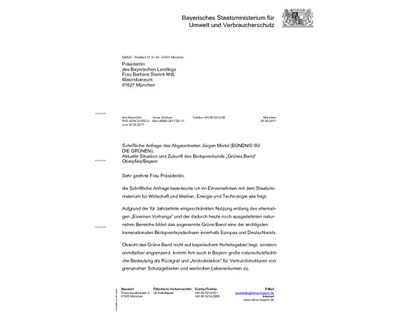 Schriftliche Anfrage: Aktuelle Situation und Zukunft des Biotopverbunds „Grünes Band“ Oberpfalz/Bayern