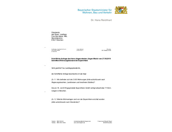 Schriftliche Anfrage zum Wohnungsbestand der BayernHeim GmbH