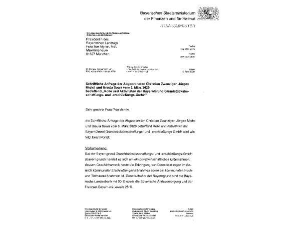 Schriftliche Anfrage zu Rolle und Aktivitäten Bayerngrund Grundstücksbeschaffungs- und erschließungs-GmbH