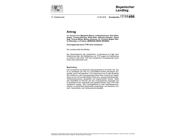Antrag " Vorsorgeprinzip durch TTIP nicht schwächen"