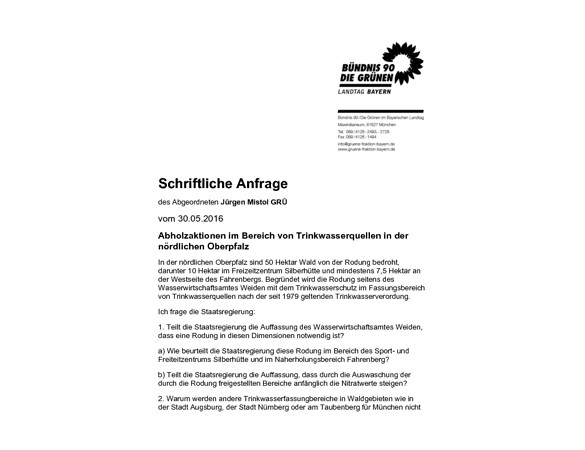 Schriftliche Anfrage "Abholzaktionen im Bereich von Trinkwasserquellen in der nördlichen Oberpfalz"