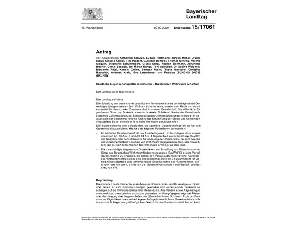 Grüner Antrag " Staatliche Liegenschaftspolitik reformieren – Bezahlbaren Wohnraum schaffen!"