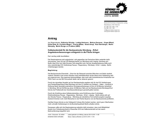 Grüner Antrag "Halbstundentakt für die Neubaustrecke Nürnberg – Erfurt - Angebotsverbesserungen erfolgreich in die Fläche bringen"