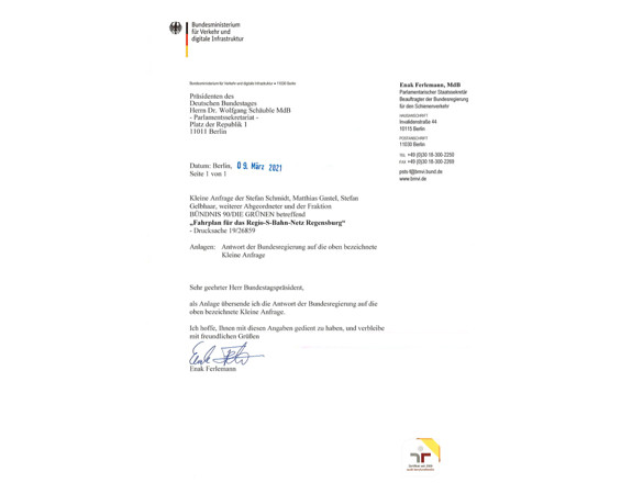 Anfrage an die Bundesregierung "Fahrplan für das Regio-S-Bahn Netz Regensburg"