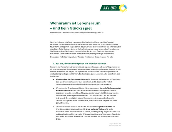 Positionspapier "Wohnraum ist Lebensraum – und kein Glücksspiel" der Grünen Landtagsfraktion Bayern