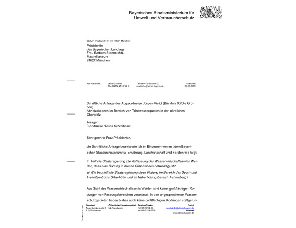 Schriftliche Anfrage "Abholzaktionen im Bereich von Trinkwasserquellen in der nördlichen Oberpfalz"