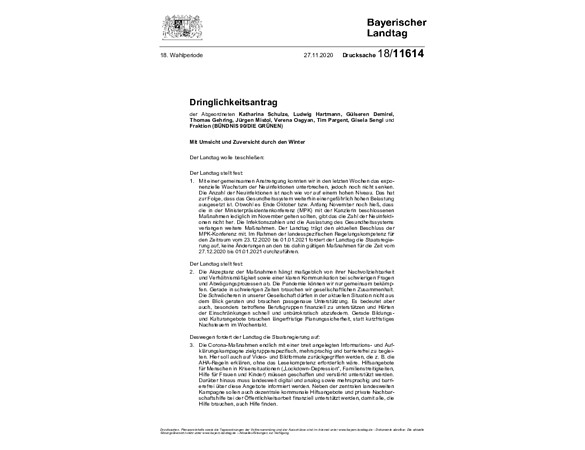 Grüner Dringlichkeitsantrag " Mit Umsicht und Zuversicht durch den Winter"