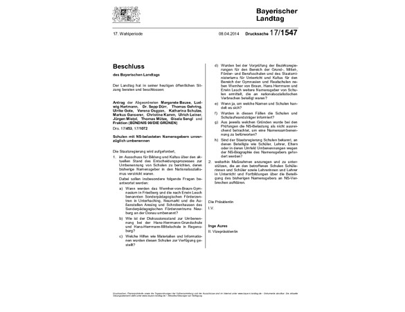 Antrag von Bündnis 90/Die Grünen "Schulen mit NS-belasteten Namensgebern unverzüglich umbenennen"