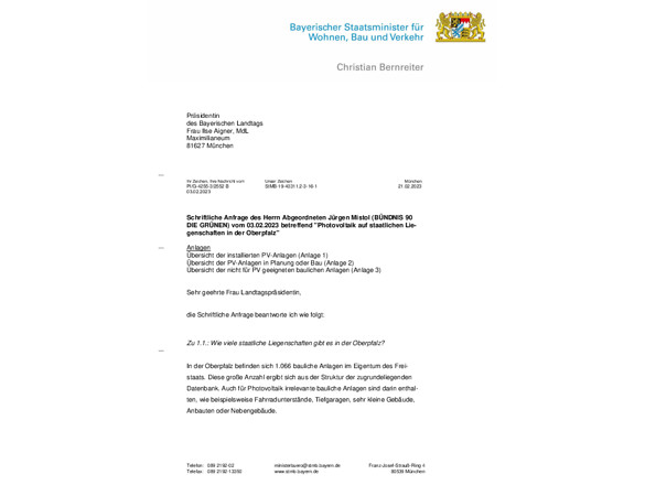 Schriftliche Anfrage "Photovoltaik auf staatlichen Lie- genschaften in der Oberpfalz"