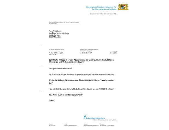 Schriftliche Anfrage „Stiftung Wohnungs- und Obdachlosigkeit in Bayern“