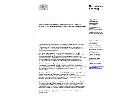 Resolution zur Finanzierung einer spezialisierten ME/CFS-Ambulanz für Ostbayern an am Universitätsklinikum Regensburg