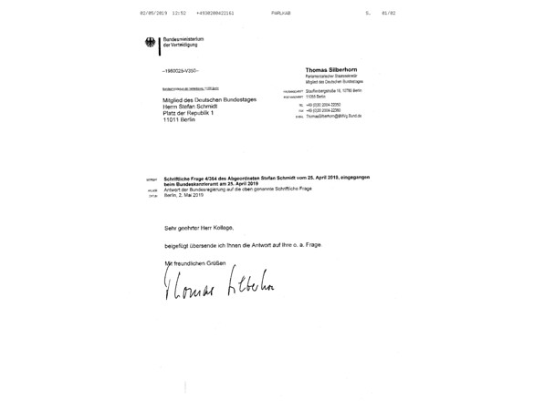 Antwort der Bundesregierung auf die Anfrage von Stefan Schmidt