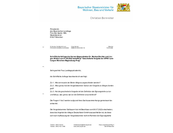 Schriftliche Anfrage "Gescheiterte Vergabe der SPNV-Leis- tungen München-Regensburg-Prag"