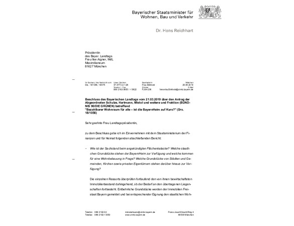 Beschluss des Bayerischen Landtags vom 21.03.2019 über den Antrag der Abgeordneten Schulze, Hartmann, Mistol und weitere und Fraktion (BÜND- NIS 90/DIE GRÜNEN) betreffend "Bezahlbarer Wohnraum für alle – ist die BayernHeim auf Kurs?" (Drs. 18/1056)