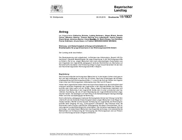 Antrag: Wohnung- und Obdachlosigkeit wirkungsvoll bekämpfen III – Modellprojekte für junge Erwachsene in der Wohnungslosenhilfe fördern