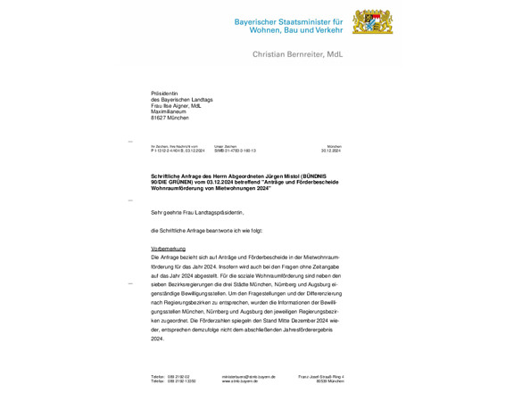 Schriftliche Anfrage "Anträge und Förderbescheide Wohnraumförderung von Mietwohnungen 2024"