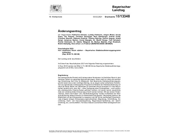 Änderungsantrag "Ländlichen Raum stärken – Bayerisches Städtebauförderungsprogramm aufstocken"